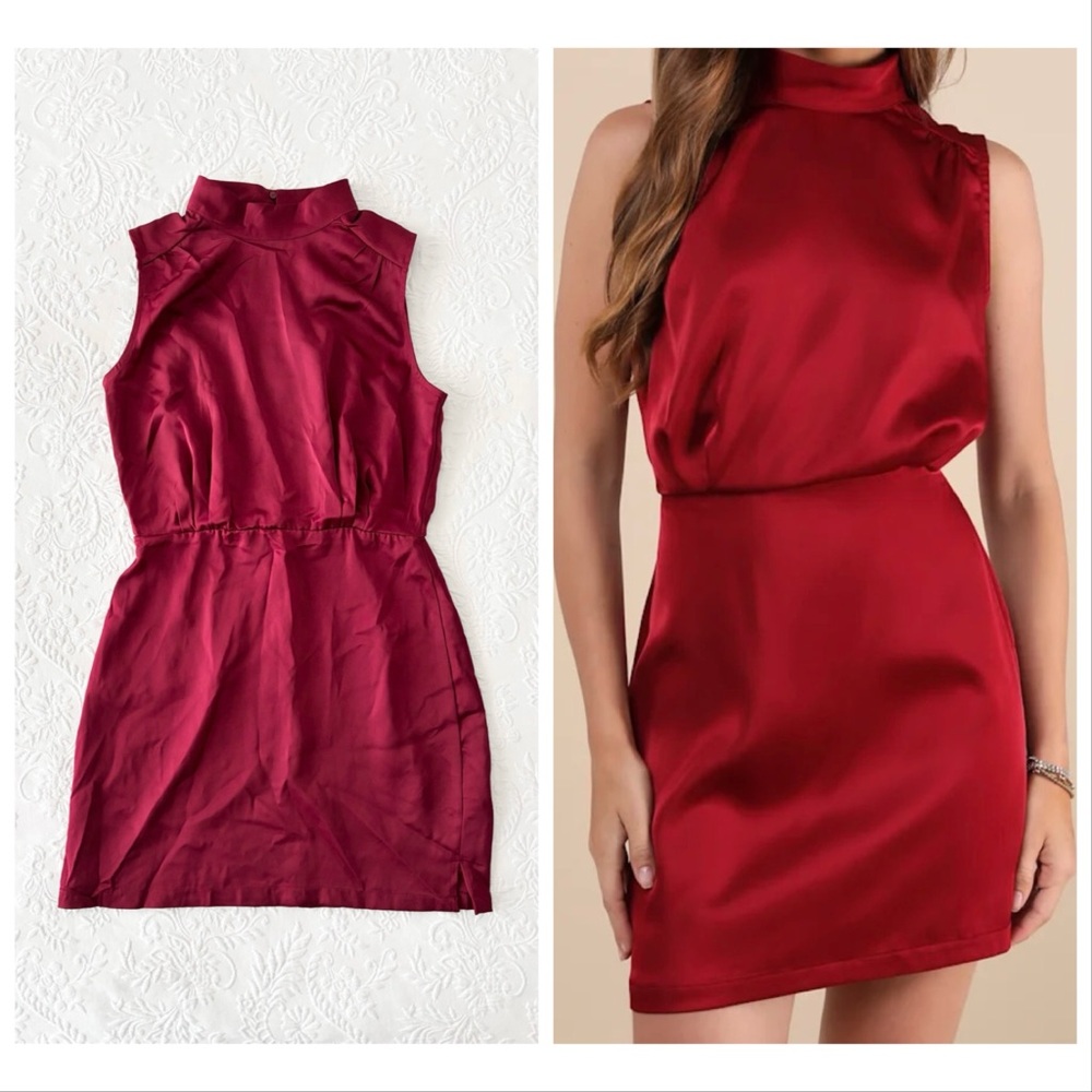 NWOT Lulus Classic Elegance Wine Red Satin Sleeveless Mock Neck Mini Dress